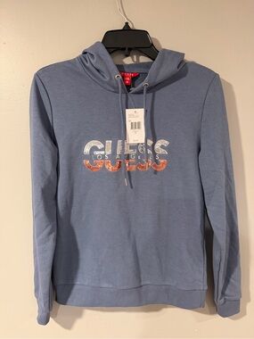 GUESS Men’s Light Blue Hoodie with Silver and Copper Logo